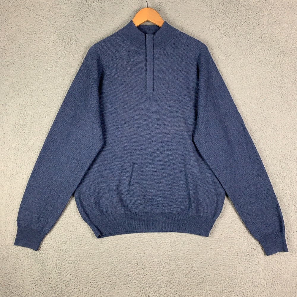 Peter Millar Merino Sweater Men's Large Blue 1/4 Zip Pullover Extra Fine Italian